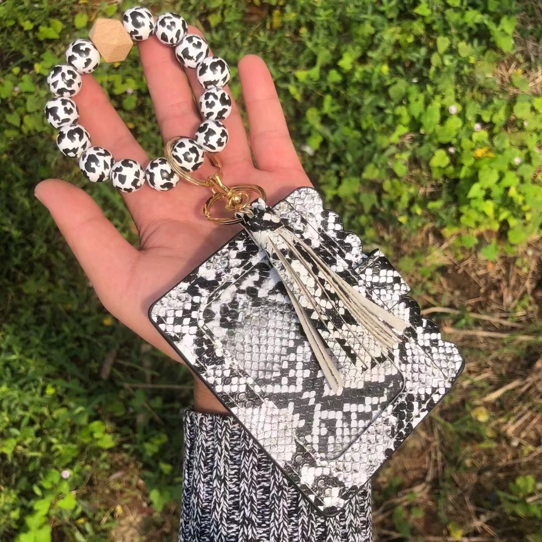 Wholesale Christmas Colorful Beads PU Tassel Bracelet Coin Purse Keychain